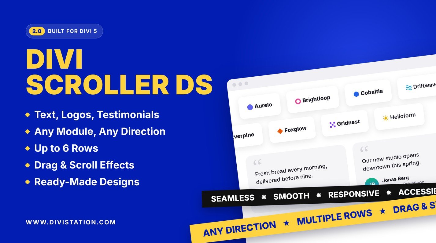 Divi Scroller DS 2.0 for Divi 5 with logo cards, quote cards and scrolling ribbons