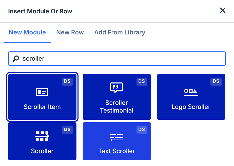 Divi 5 module picker showing the five blue Divi Scroller DS modules
