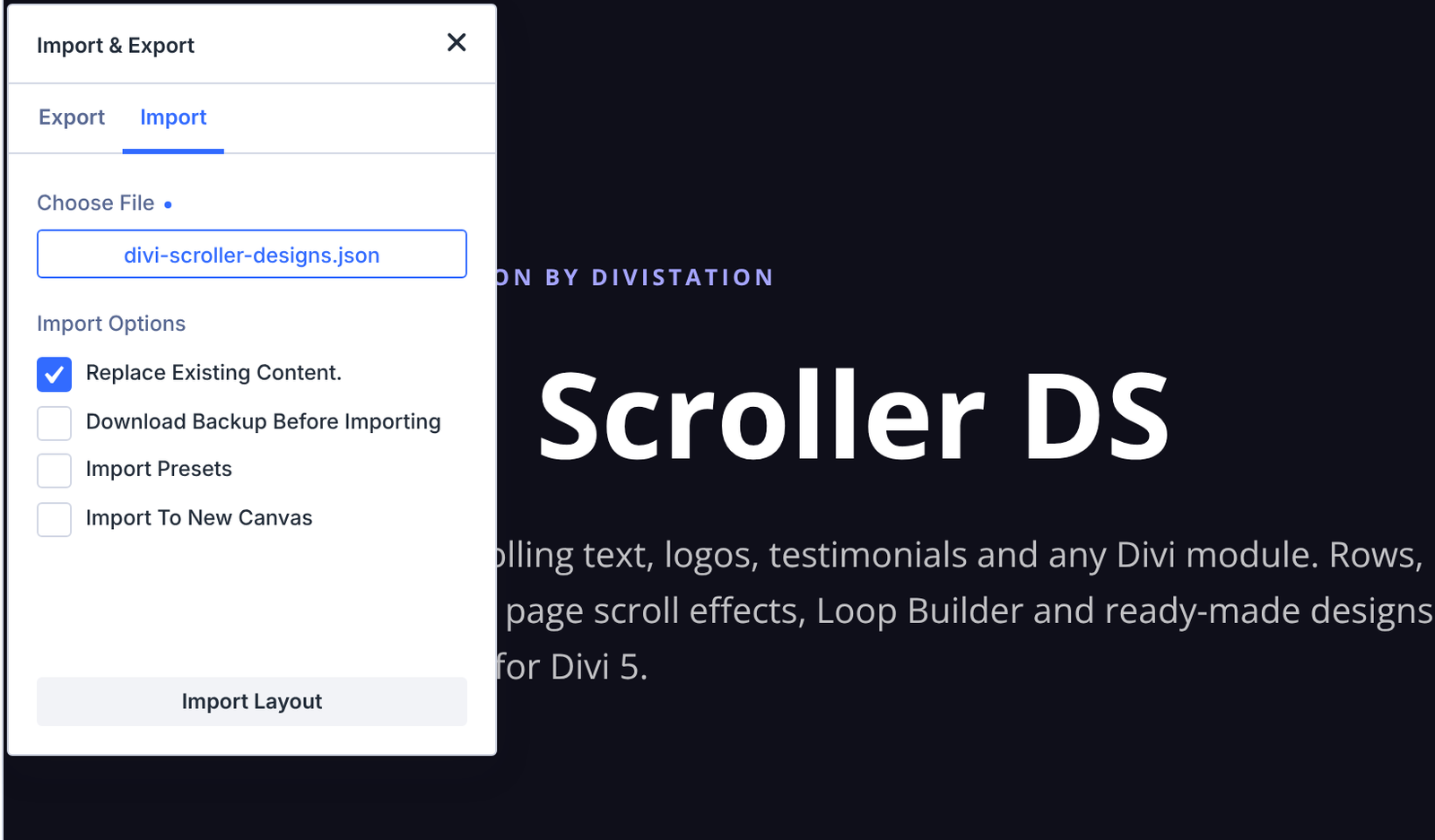 Divi Portability import window with the Divi Scroller DS demo layout file selected