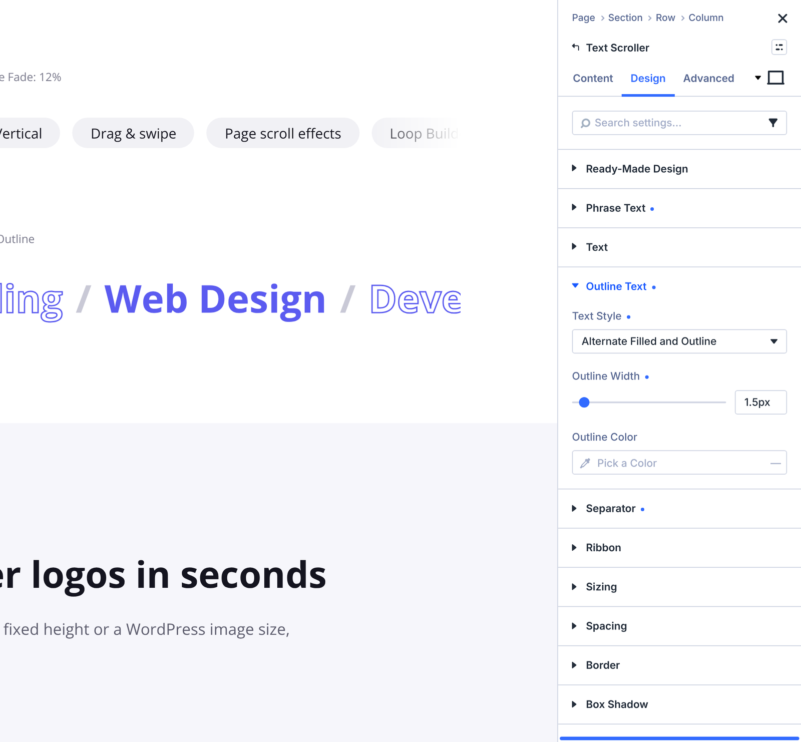 Outline Text settings with Text Style, Outline Width and Outline Color