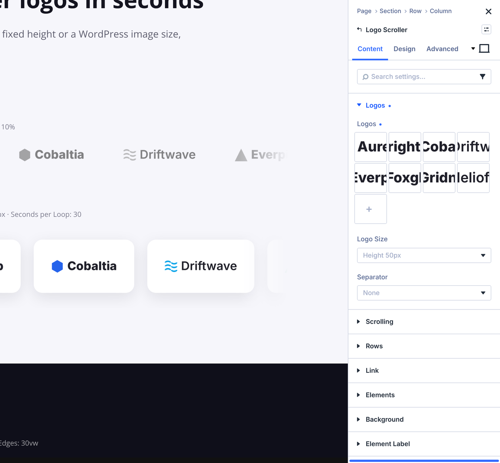 Logos field of the Logo Scroller with eight logos selected and the Logo Size option