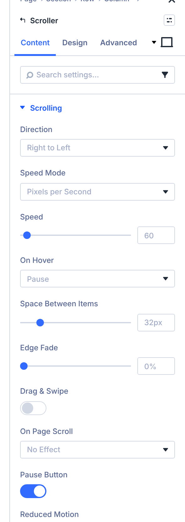 Scrolling settings group with Direction, Speed Mode, Speed, On Hover, Space Between Items, Edge Fade, Drag and Swipe, On Page Scroll and Pause Button