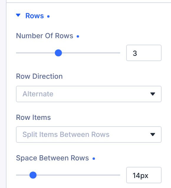 Rows settings with Number of Rows set to 3, Row Direction, Row Items and Space Between Rows