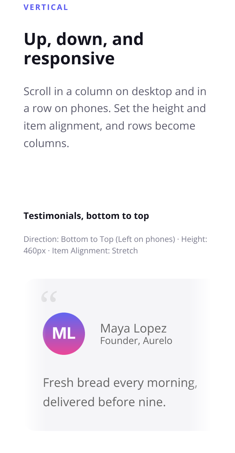 The vertical testimonials section on a phone, scrolling horizontally