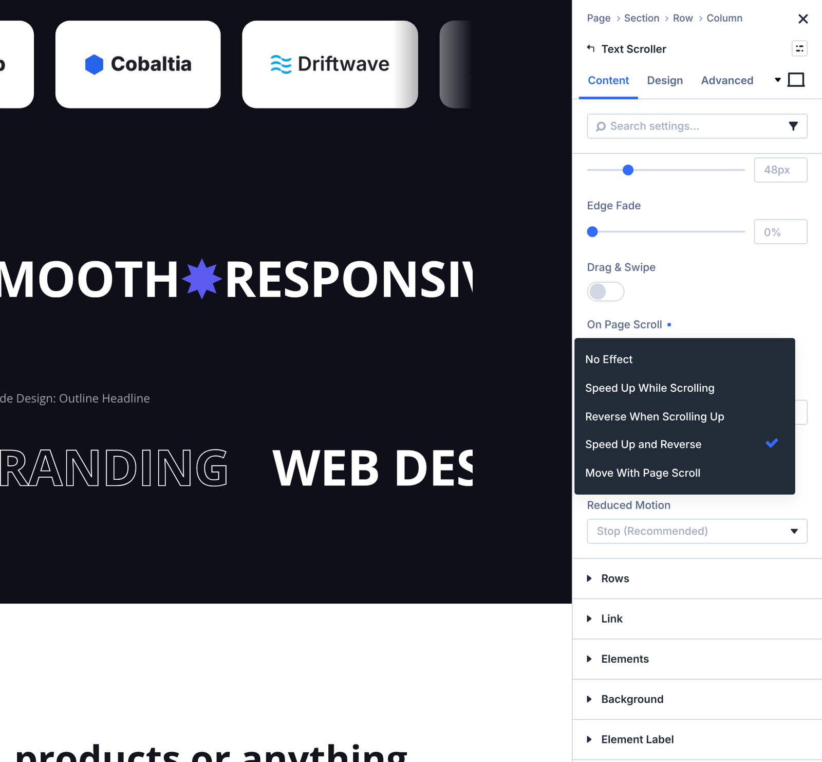 On Page Scroll options open with Speed Up and Reverse selected, and the Scroll Intensity slider