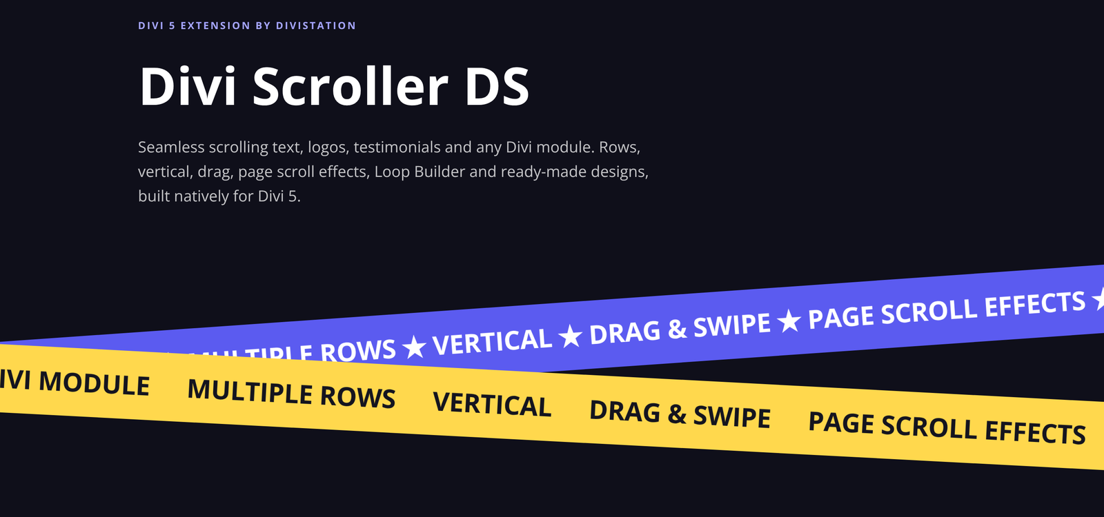 Two tilted ribbons in blue and yellow crossing a dark section from edge to edge