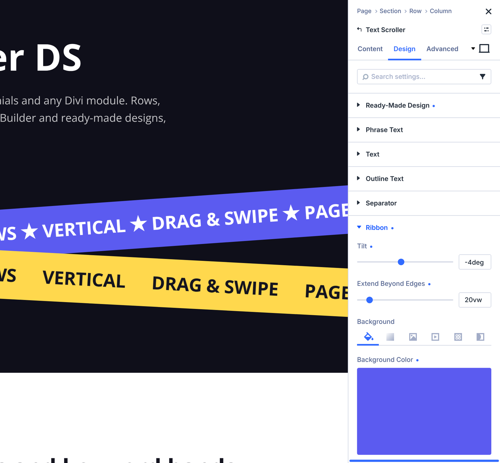 Ribbon settings with Tilt, Extend Beyond Edges, background and border