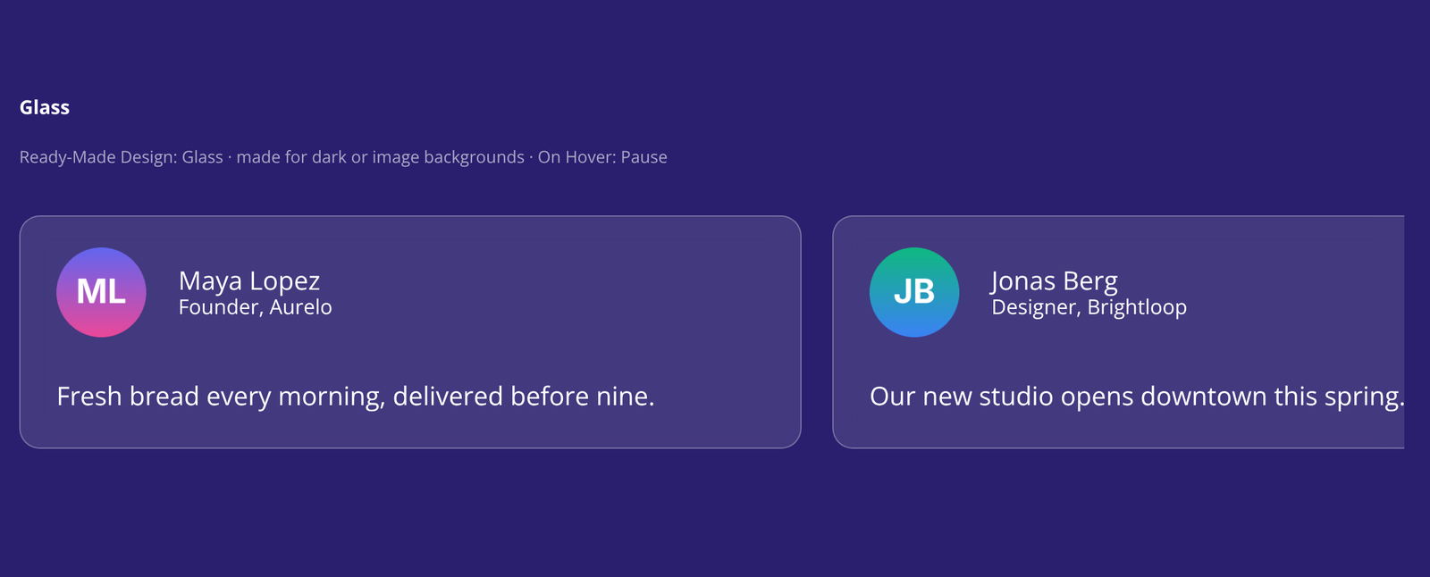 Scroller Testimonials in the Glass design on a dark purple background