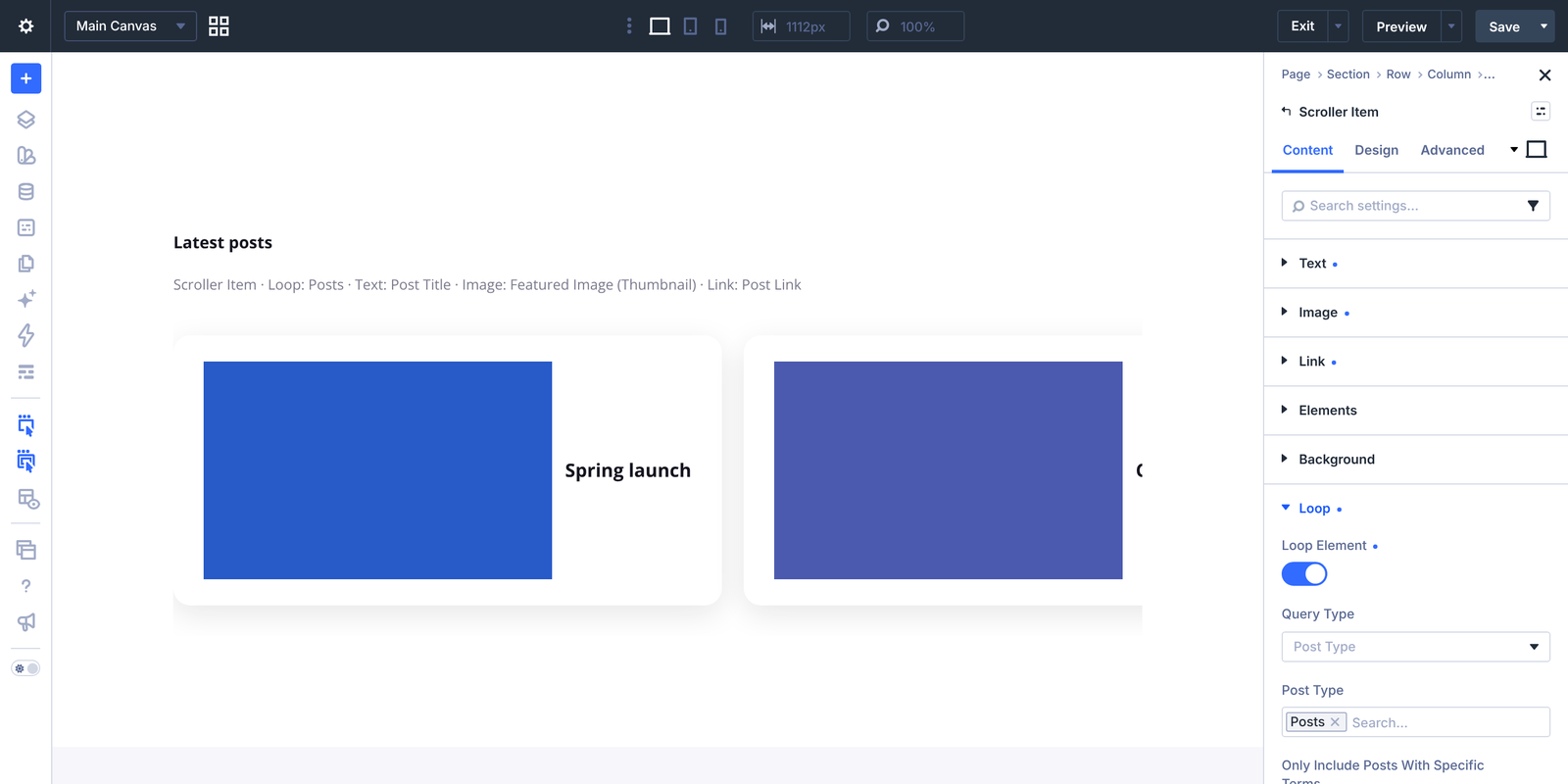 Scroller Item with Loop Element turned on and Post Type set to Posts in the Divi 5 builder